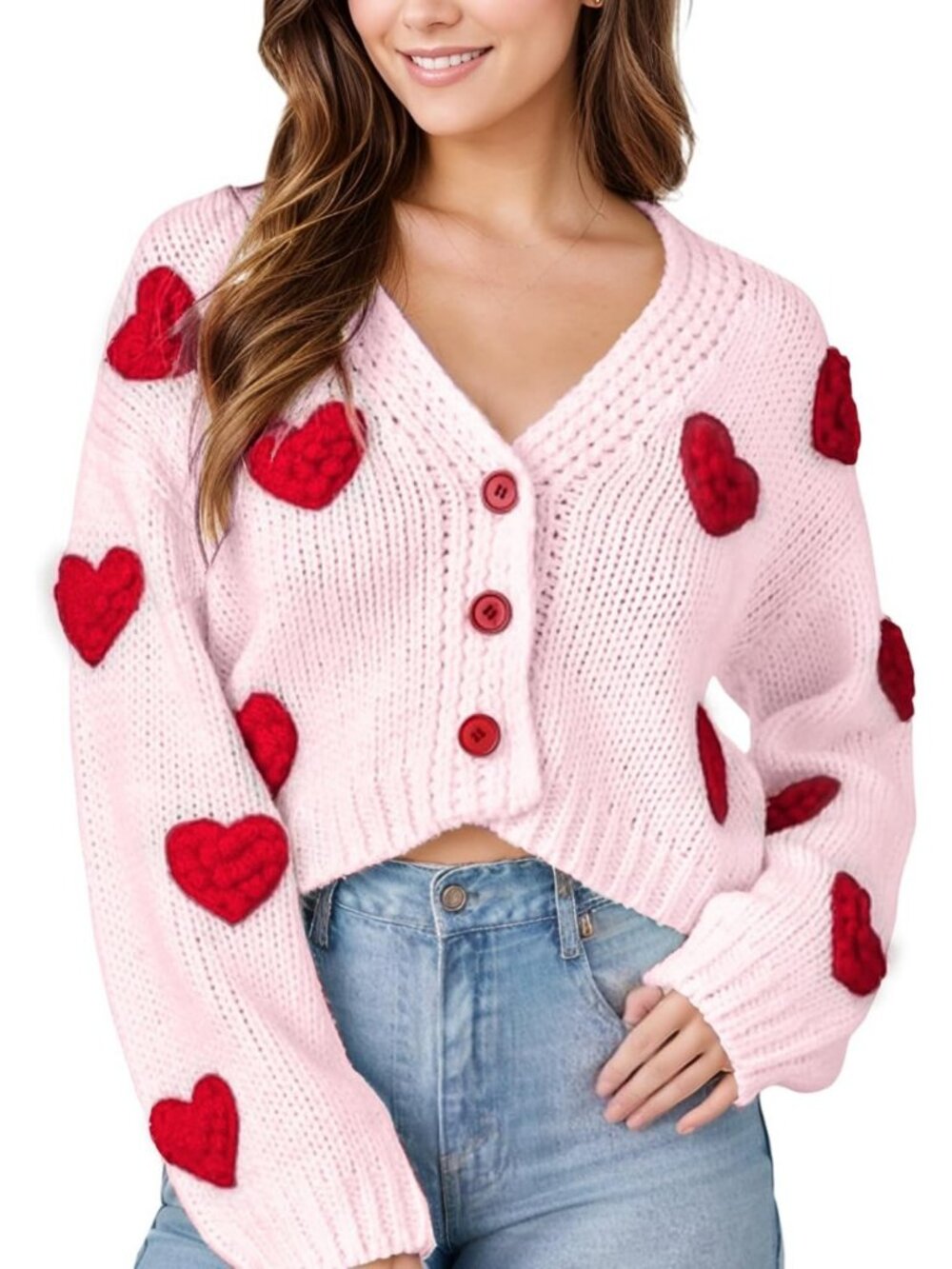 Valentine's Day Cropped Cardigan Sweater with Heart Design for Women